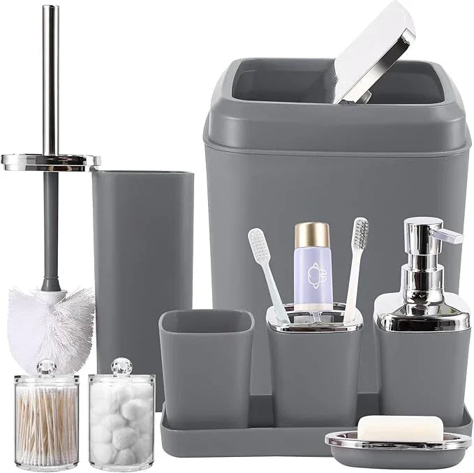 XLHOMO Grey Bathroom Accessories Sets Complete, 9-Piece Bathroom Accessories with Trash Can, Vanity Tray, Soap Dispenser, Soap Dish, Toothbrush Holder, Toothbrush Cup, Toilet Brush and Qtip Holders - ModernBath