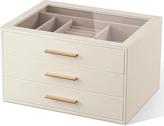 pickpiff Jewelry Box Organizer Case for Women: 3-Layer Jewelry Storage Case with Glass Window, Ivory Leather with Pink Velvet, Holder for Ring Necklace Bracelet Brooch Watch, Great Gift for Her - ModernBath