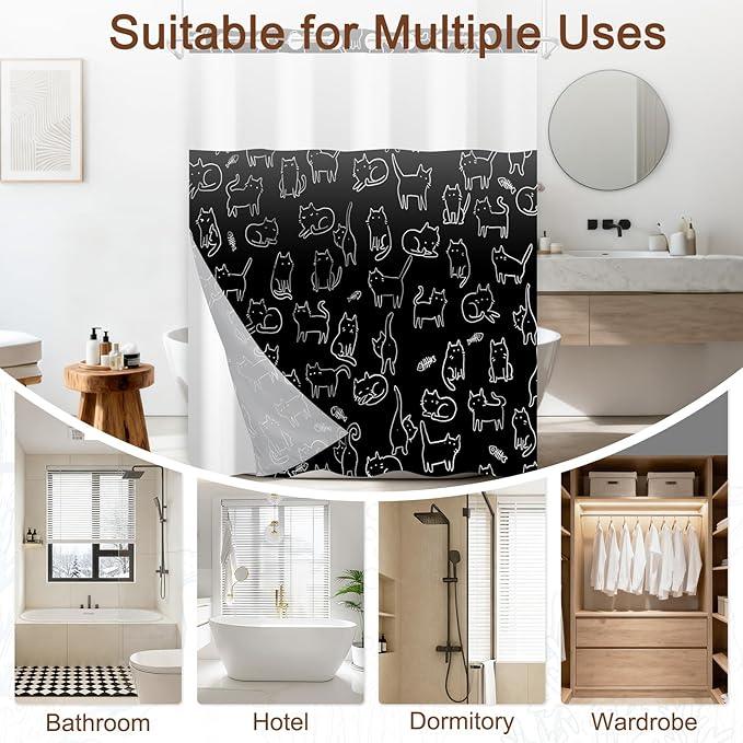 Cute Shower Curtain with Snap in Liner, No Hook Cat Shower Curtain with Top Sheer Window and Weighted Hem, Black and White Funny Shower Curtains for Bathroom, Gift for Cat Lovers, 71x74 Inches - ModernBath