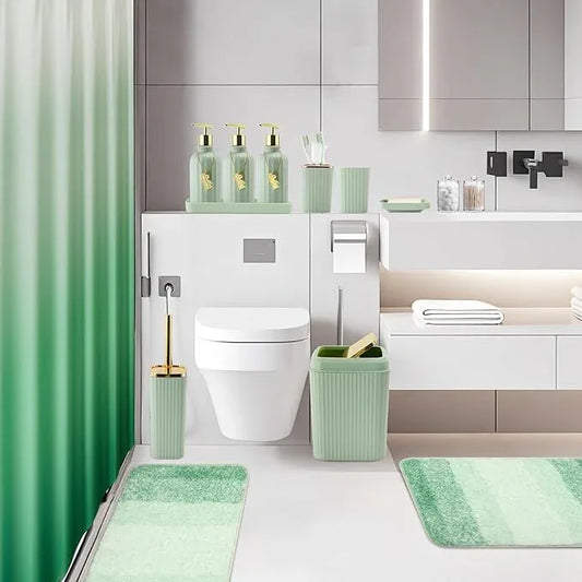 WSBArt 32PCS Bathroom Set Bathroom Sets with Shower Curtain and Rugs Green Bathroom Accessories,Shower Curtain Set,Bathroom Rug Set with Bathroom Trash Can - ModernBath