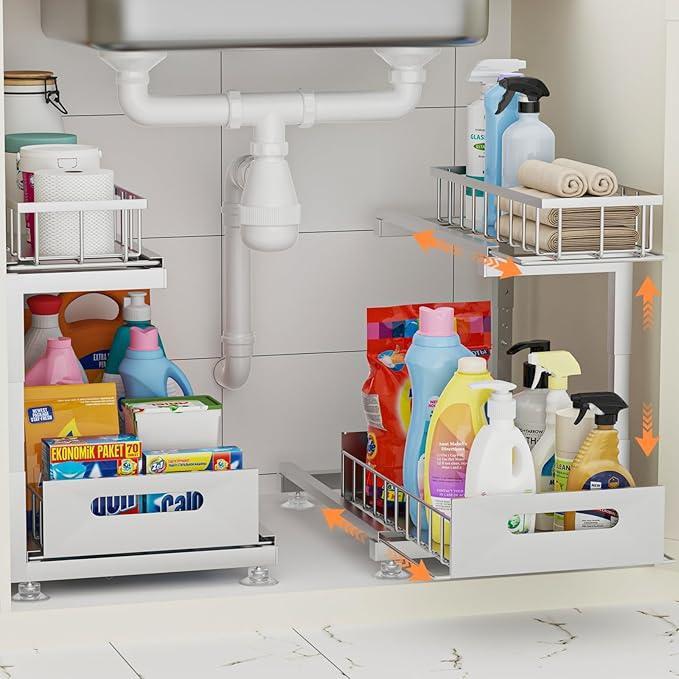 2 Pack Under Sink Organizer, Heavy Duty Meta Slide Out Sink Shelf Organizer Height Adjustable, Multi-Purpose Storage Shelf for Kitchen Bathroom (Silver,2Pack) - ModernBath