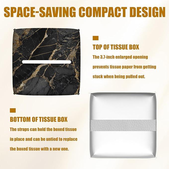 Black Gold Marble Tissue Box Cover 2PCS, Leather Tissue Box Holder Square Facial Paper Case Tissue Box Cube Organizer for Bathroom Bedroom Desk Office - ModernBath