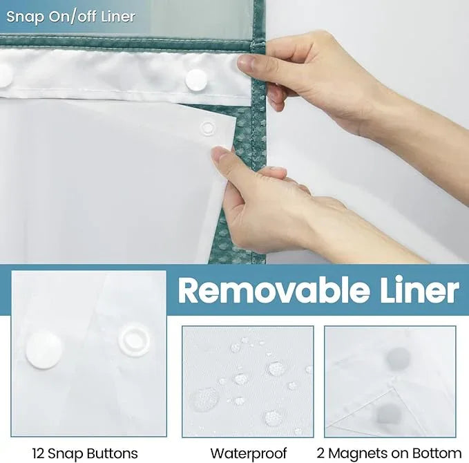 EUTXL Seaweed Green Long No Hook Shower Curtain with Snap in Liner,230GSM Waffle Weave Shower Curtains for Bathroom,71W x 86H - ModernBath