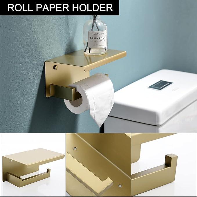 TNOMS 5-Piece Bathroom Hardware Set 23.6 Inch Gold Towel Bar Set Towel Bar Towel Ring Coat Hook and Toilet Paper Holder with Shelf Wall Mounted Stainless Steel Bathroom Accessories Set - ModernBath