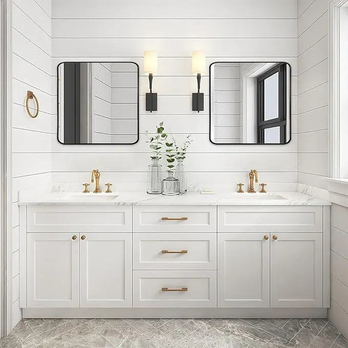 Minuover Wall Mount Mirror for Bathroom, Brushed Black Metal Framed Rounded Corner Square Rectangular Vanity Mirror (30" x 30", Black) - ModernBath