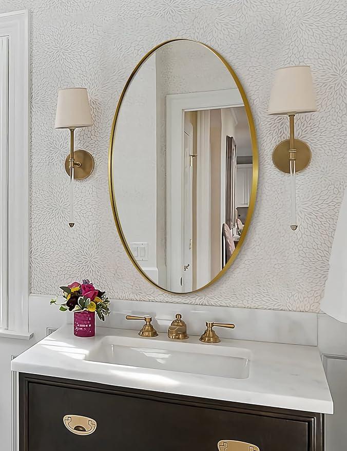 ANDY STAR Gold Oval Mirrors for Bathroom, 24x36 Inch Brushed Gold Stainless Steel Metal Framed Oval Wall Mirror, Modern Vanity Mirror Wall Mount Horizontal or Vertical - ModernBath
