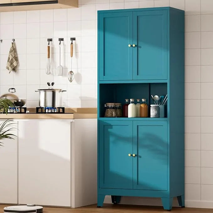 Metal Kitchen Pantry Cabinet, 69" Tall Storage Cabinet with 4 Doors and 3 Adjustable Shelves, Freestanding Cupboards for Dining Room, Living Room, Bathroom (Blue, 69" H) - ModernBath
