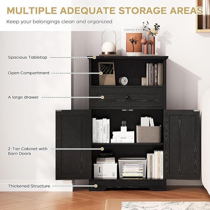 Floor Cabinet, Farmhouse Storage Cabinet with Barn Doors and Drawer, 11.81" D x 23.62" W x 39.37" H Black Freestanding Adjustable Shelf Organizer for Bathroom, Kitchen, Living Room - ModernBath