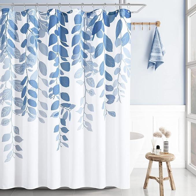 BOODII Long Shower Curtains 72x78, Blue Grey Eucalyptu Shower Curtains for Bathroom Floral Watercolor Leaves Botanical Curtain Nature Fabric Bath Curtain Country Plant Cloth - ModernBath