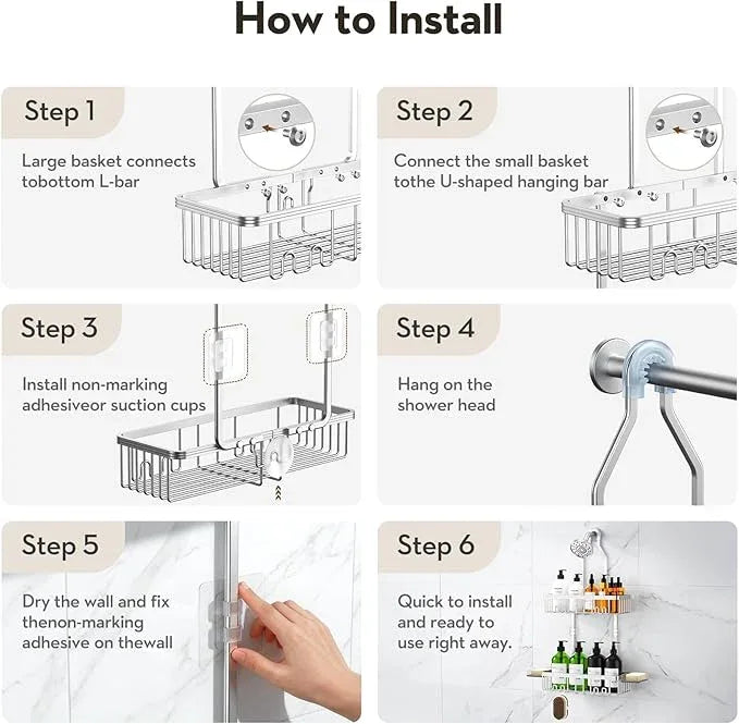 VALORDINE Shower Caddy Hanging, Shower Organizer Hanging, Aluminum Shower Racks for Inside Shower with Hooks for Razor, Never Rust Bathroom Organizers and Storage with Soap Holder, Bright Silver - ModernBath