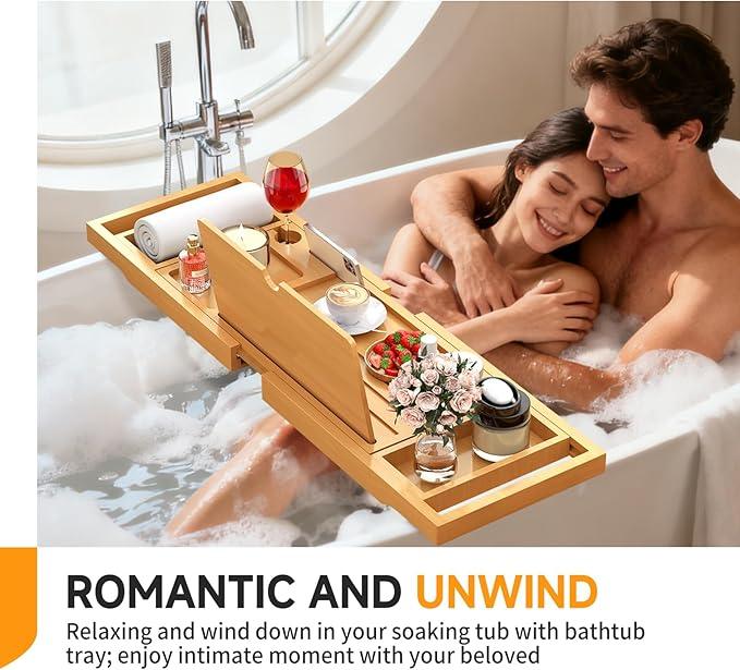 Premium Bamboo Bathtub Caddy Tray with Extending Sides, Adjustable Wood Bath Tray for Luxury Bath, Fits Most Tubs, Accessories Gift Idea - ModernBath
