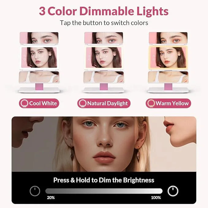 EASEHOLD Foldable Tri-Fold Lighted Makeup Vanity Mirror with 60 LED Lights, 1X/2X/3X Magnification, Touch Control Dimming, 3000mah Rechargeable, 360° Rotation, Portable Travel Folding Compact Mirror - ModernBath