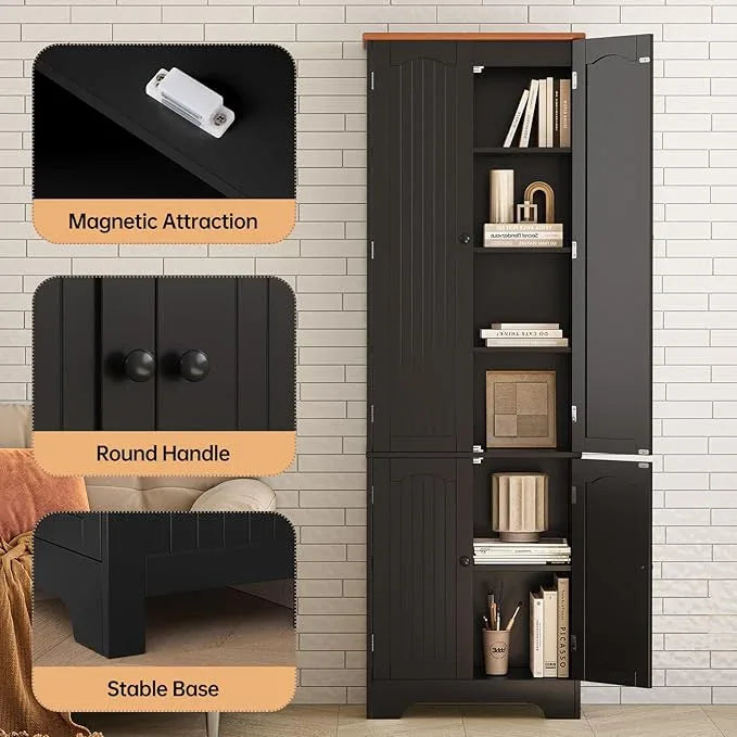 72.2'' Pantry - 4 Door Kitchen Cabinet with Adjustable Shelves, Freestanding Cupboard, Tall Storage Cabinets for Dining Room, Living Room, Laundry, Bathroom, Entryway, Black 2Pcs - ModernBath