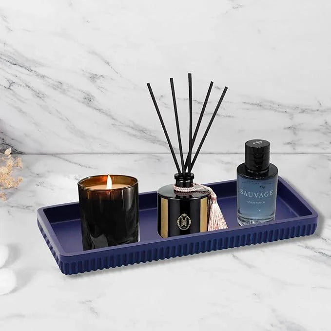 XLHOMO Resin Navy Blue Bathroom Accessories Set 5 Pcs, Lotion Soap Dispenser, Toothbrush Holder, Bathroom Tumbler, Qtip Holder and Vanity Tray, Bathroom Countertop Organizer Set for Modern Apartment - ModernBath