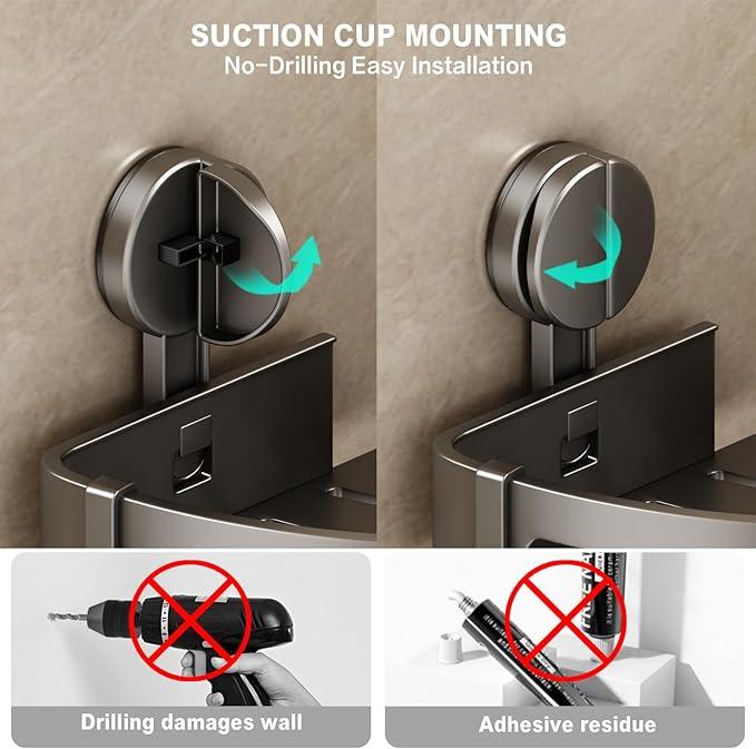 VOLPONE Shower Caddy Suction Cup, 2 Pack Corner Shower Shelves No Drilling, Showers Organizer Storage with Towel Bar & Removable Hooks, Bathroom Shower Shelf Rack for Inside Showers, Triangle - ModernBath