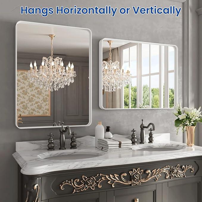 WEER White Bathroom Mirror 24X32 Inch, Rounded Rectangle White Metal Frame Mirror, Matte White Bathroom Vanity Mirror with Tempered Glass, Anti-Rust, Hangs Horizontally or Vertically - ModernBath