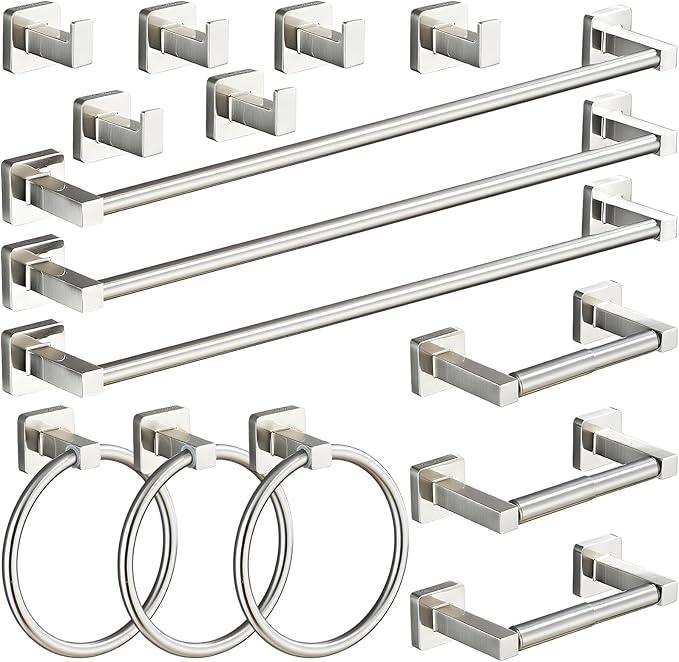 Gisafai 15 Pcs Bathroom Hardware Set, Towel Bar Set Stainless Steel Bathroom Accessories 23.6/16 Inches Towel Bar Ring Robe Hooks Toilet Paper Holder Wall Mounted (Silver) - ModernBath