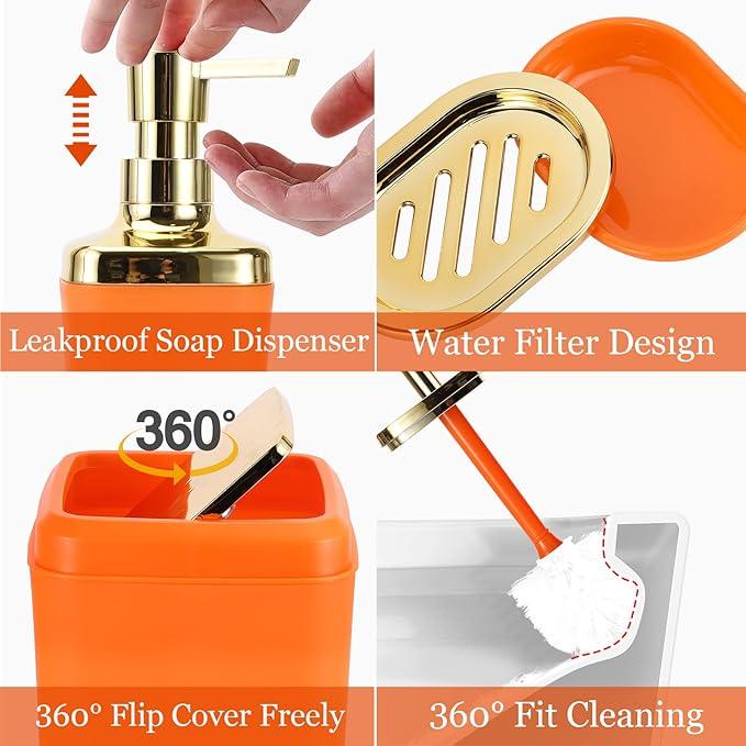 XLHOMO Bathroom Set - Orange Bathroom Sets with Shower Curtain and Rugs, 24PCS Shower Curtain Set with Hooks, Soap Dispenser, Soap Dish, Toilet Brush Holder and Trash Can for Housewarming - ModernBath