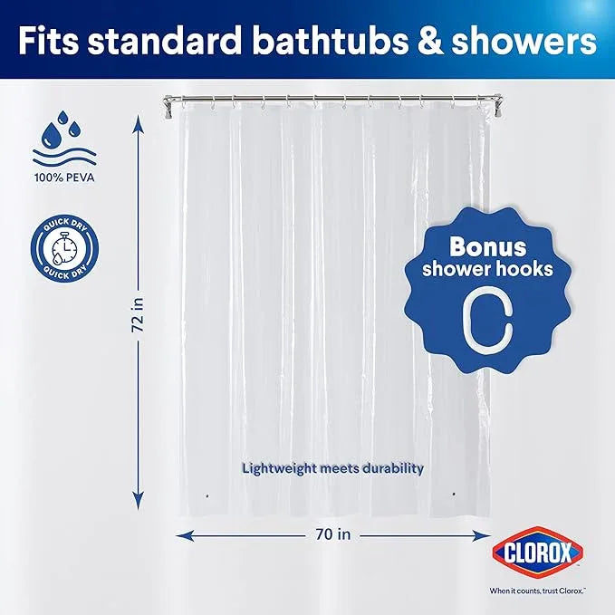 Clorox Shower Curtain Liner & Hooks, Premium Lightweight Flexible Waterproof 4g PEVA for Bathroom with Weighted Magnets, Standard Size 70" x 72", Clear 1 Pack - ModernBath