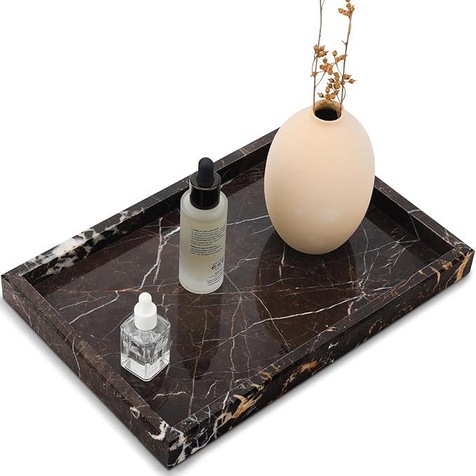 Zilukar Real Natural Marble Tray for Bathroom, Vanity, Kitchen and Desktop, Rectangle Genuine Marble Stone Tray for Jewelry, Cosmetics, Candles, Lotion, Perfume and Home Decor Brown - ModernBath
