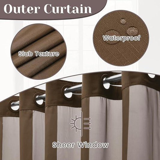 SORTTO No Hook Slub Textured Shower Curtain with Snap in Liner - Chocolate Fabric Outer Curtain & Waterproof Inner Liner, Hotel Style with See Through Top Window, 71x74 in - ModernBath