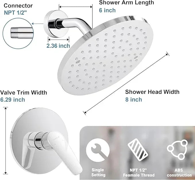 Lavatrum Premium Chrome Shower Head And Faucet Set Single Spray Wall Mount 8 Inch Rain Fall Round Shower Faucet with Rough-in Valve and Trim Kit for Bathroom - ModernBath