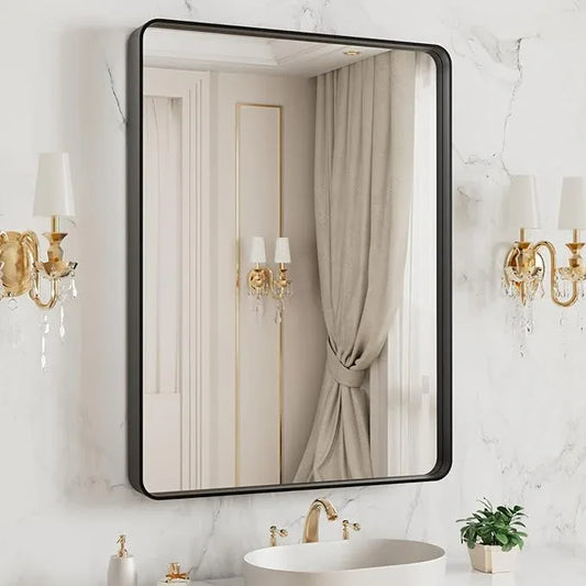 LOAAO 20X16 Inch Black Metal Framed Bathroom Mirror for Wall, Matte Black Bathroom Vanity Mirror Farmhouse, Large Rounded Rectangle Mirror, Anti-Rust, Hangs Horizontally or Vertically - ModernBath