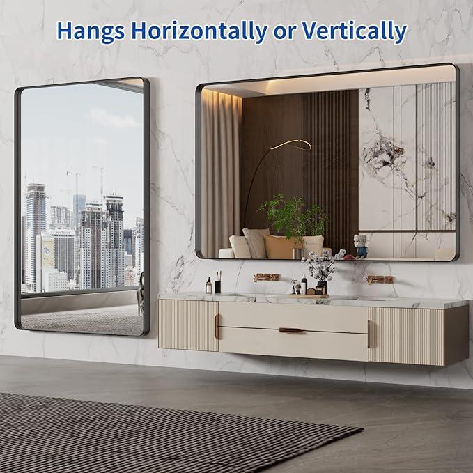 WEER 55X36 Inch Black Metal Framed Bathroom Mirror, Black Bathroom Vanity Mirror Farmhouse, Rounded Rectangular Matte Black Wall Mirrors, Tempered Glass, Anti-Rust (Horizontal/Vertical) - ModernBath