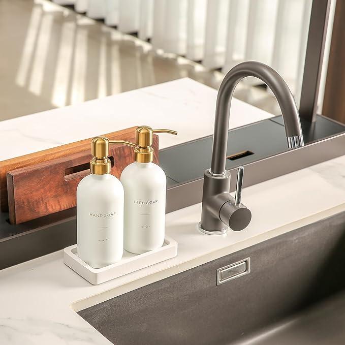 Prus Waso Gold Soap Dispenser Set, Glass Soap Dispenser with Stainless Steel Pump, Perfect for Modern Kitchen Counter Decor. (Gold) - ModernBath
