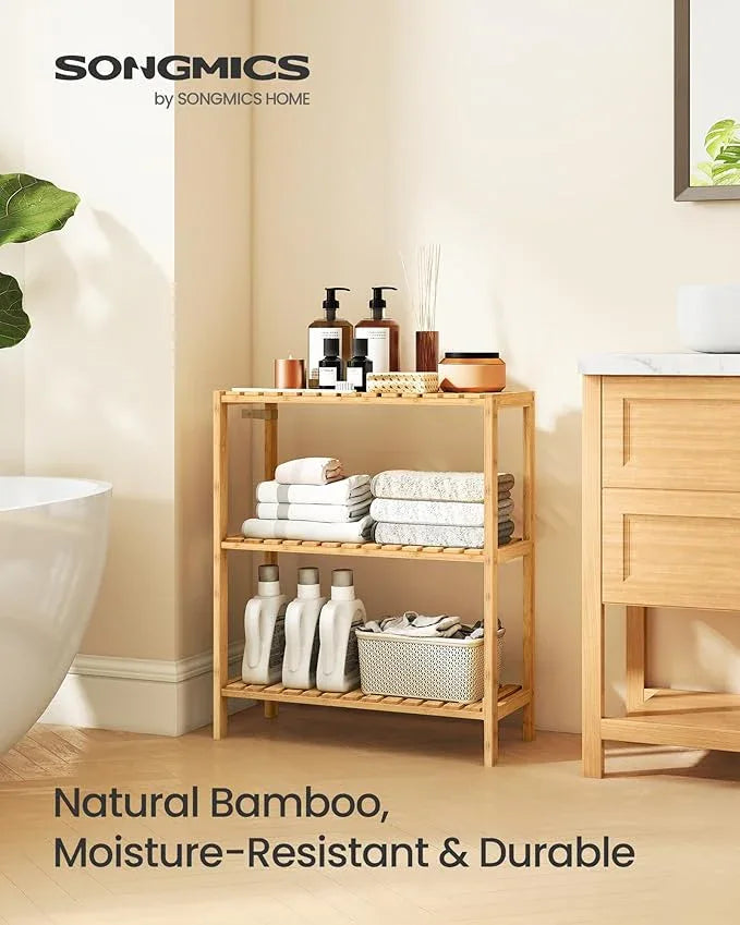 SONGMICS Bamboo Storage Shelf, 3-Tier Shelving Unit, Multifunctional, in The Entryway, Bathroom, Living Room, Balcony, Kitchen, 10.2 x 23.6 x 26 Inches, Light Bamboo UBCB33Y - ModernBath