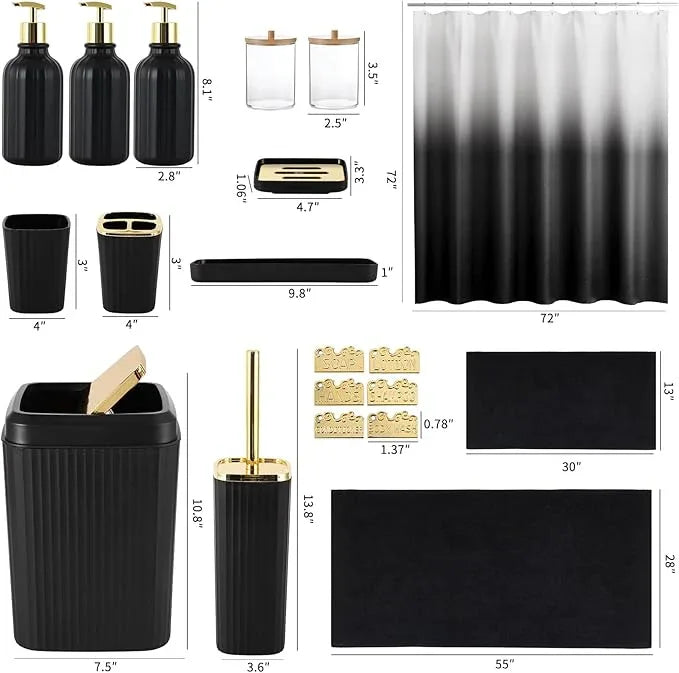 WSBArt 32PCS Black Bathroom Accessories Bathroom Set,Black Shower Curtain, Bath Towel Set,Hand Towel,Toilet Brush,Trash Can & 3PCS Soap Dispensera - ModernBath
