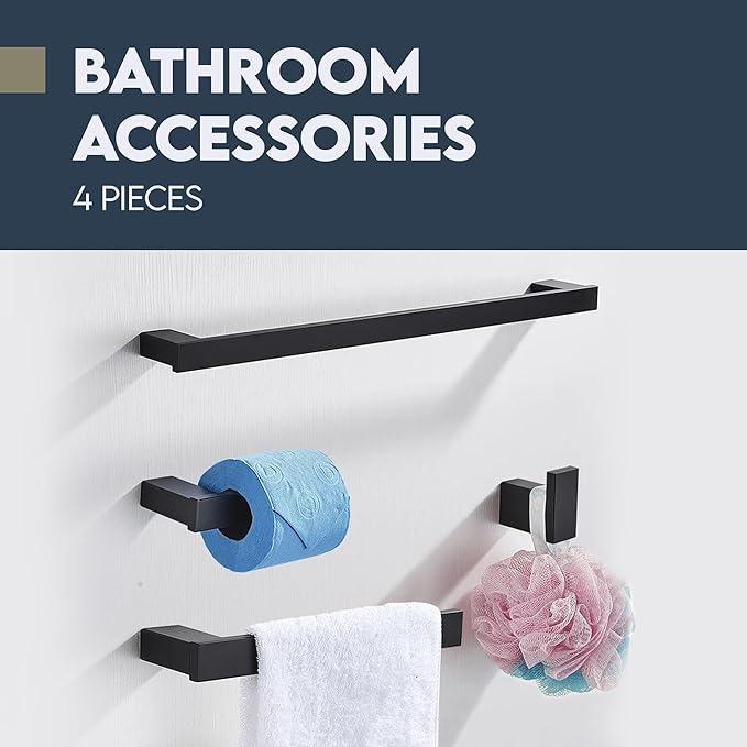 SOFTINOX Bathroom Accessories Set, 4 Piece Matte Black Bathroom Hardware Set, SUS 304 Stainless Steel, Wall Mounted Towel Bar Kit - ModernBath