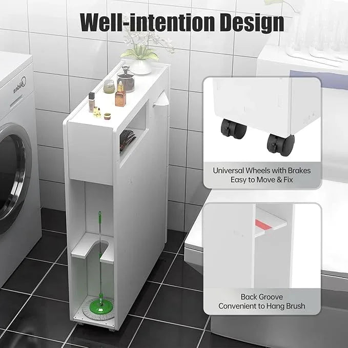 Slim Bathroom Storage Cabinet with Toilet Paper Holder, Small Narrow Floor Cabinet with Drawers & Lockable Wheels, Modern White Bathroom Cabinet Organizer for Tissues, Towels, Toiletries - ModernBath