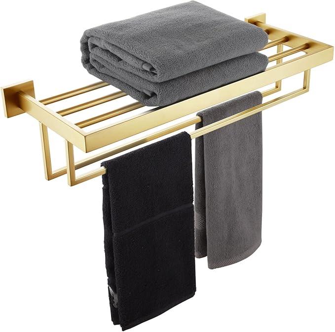 KOKOSIRI Towel Shelf Holder 20'' Bathroom Towel Rack with Two Bath Towel Bars Rails SUS304 Stainless Steel Wall Mount, Brushed Gold B6003BG-L20 - ModernBath