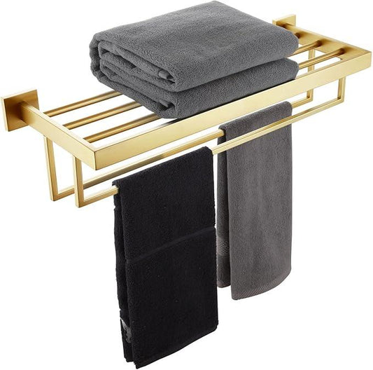 KOKOSIRI Towel Shelf Holder 24'' Bathroom Towel Rack with Two Bath Towel Bars Rails SUS304 Stainless Steel Wall Mount, Brushed Gold, B6003BG - ModernBath