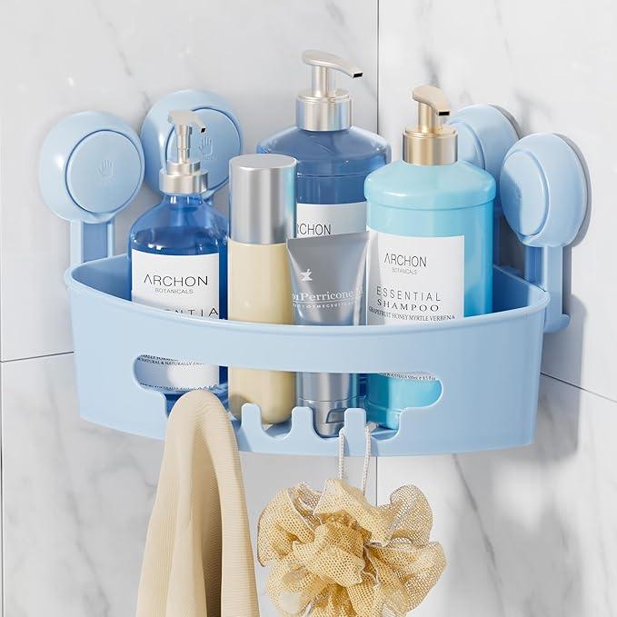 LEVERLOC Powerful Suction Bathroom Shower Shelf, Waterproof and Rustproof Organizer for Bathroom Storage and Kitchen, No-Drilling Removable, Blue - ModernBath