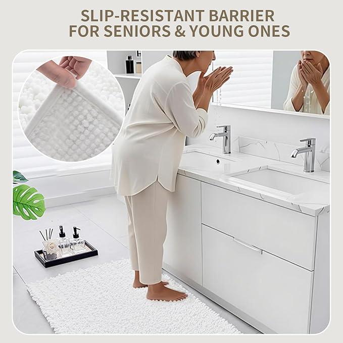 Ruggnovea Chenille Bathroom Rugs Non Slip Washable 32x20, Extra Thick Soft Absorbent Chenille Bath Mat, Non-Slip Barrier Backing, Quick Dry Machine Washable Bath Mats Tub, Shower,Floor/Sink,White - ModernBath
