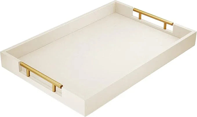 ATZYmolin 17" x 12" Wood Serving Tray with Gold Polished Metal Handles, Home Decorative Wooden Rectangle Ottoman Leather Decor Platter Bathroom Vanity Tray for All Occasions White - ModernBath