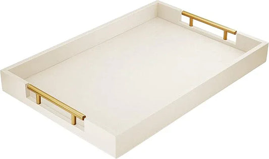 ATZYmolin 17" x 12" Wood Serving Tray with Gold Polished Metal Handles, Home Decorative Wooden Rectangle Ottoman Leather Decor Platter Bathroom Vanity Tray for All Occasions White - ModernBath