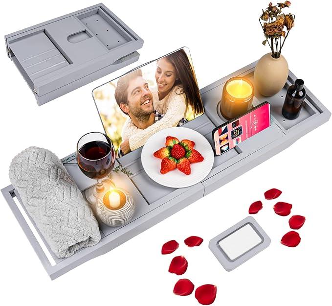 Foldable Bathtub Caddy Tray, Bamboo Bath Tub Tray Table for Tub with Wine Glass Holder Book Phone Tablet Holder with Extending Sides, Adjustable Bathroom Bathtub Free Soap Holder Gift Idea (Grey) - ModernBath