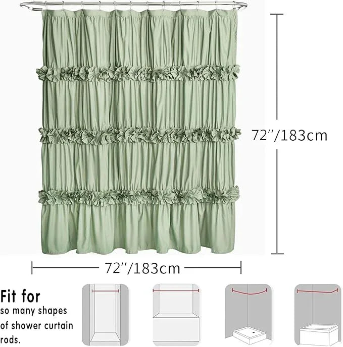 Homechoice Decor Sage Ruffle Shower Curtain, Vintage Handcrafted Bow Tie Bath Curtain for Master Bathroom, Ruched Microfiber Bathroom Curtain with 12 Buttonholes, 72" W x 72" H (LQ-10) - ModernBath