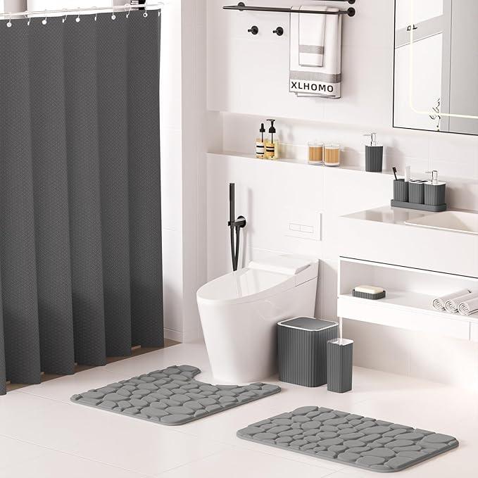 XLHOMO Bathroom Accessories Set- 25PC Grey Bathroom Set, Bathroom Set with Shower Curtain and Rugs, Shower Curtain Set, Toilet Brush, Trash Can, Qtip Holder Dispenser & Soap Dispenser - ModernBath