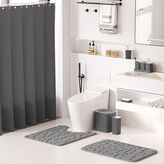 XLHOMO Bathroom Accessories Set- 25PC Grey Bathroom Set, Bathroom Set with Shower Curtain and Rugs, Shower Curtain Set, Toilet Brush, Trash Can, Qtip Holder Dispenser & Soap Dispenser - ModernBath