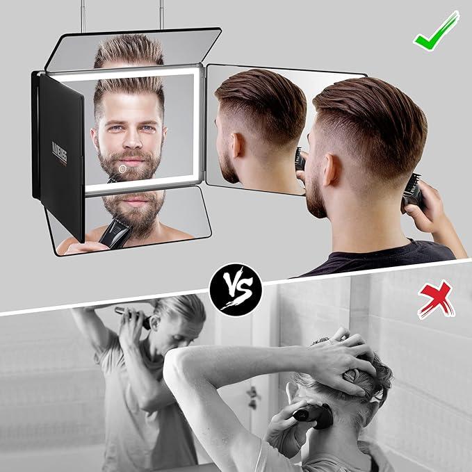 Rechargeable 5 Way Mirror for Hair Cutting, Real Glass Adjustable Trifold Mirror with Light & Telescoping Hooks for Makeup & Styling - Portable DIY Tool to Cut, Trim or Shave Your Head & Neckline - ModernBath