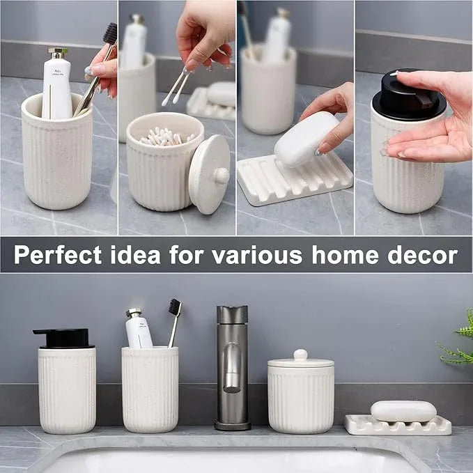BosilunLife Beige Bathroom Accessories Set - Ceramic Bathroom Counter Soap Set Bathroom Decor Sets Accessories Bathroom Lotion Soap Dispenser and Toothbrush Holder Set, Soap Dish, Apothecary Jars - ModernBath