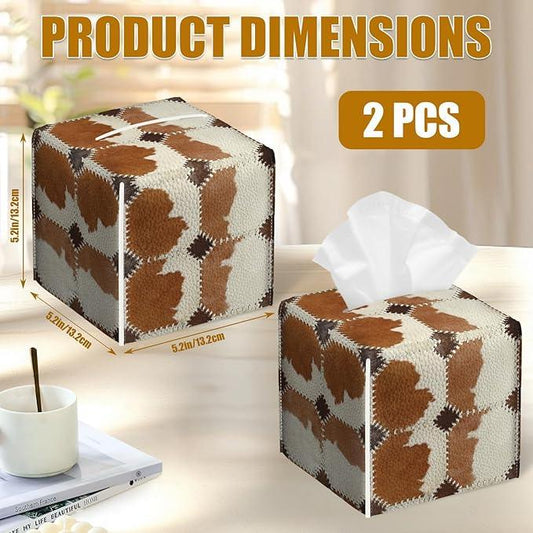 Brown Cowhide Tissue Box Cover 2PCS, Cow Skin Leather Tissue Box Holder Square Facial Paper Case Tissue Box Cube Organizer for Bathroom Bedroom Desk Office - ModernBath
