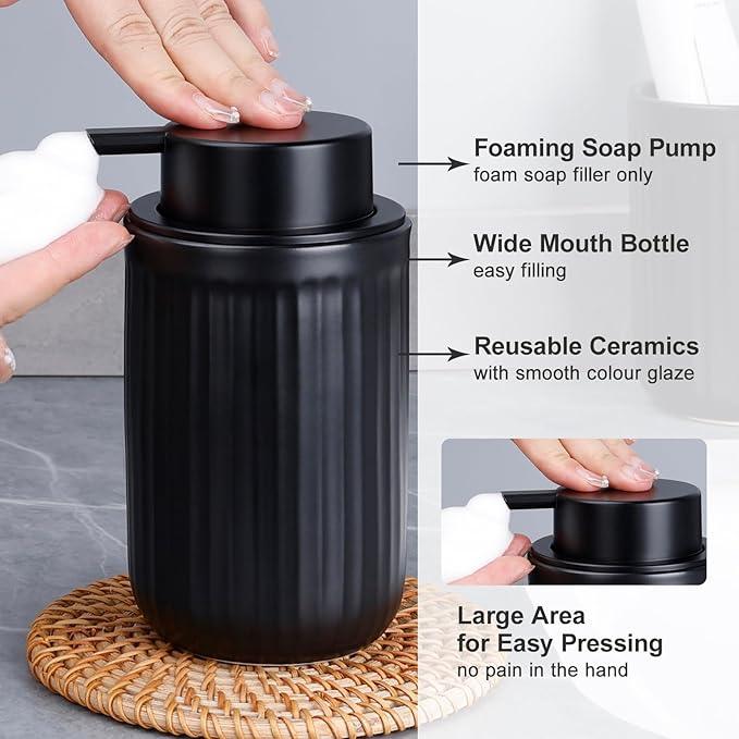 BosilunLife Foam Hand Soap Dispenser - Ceramic Black Foaming Soap Dispenser for Bathroom 12oz Refillable Liquid Lotion Soap Dispenser with Rust-Proof foaming Pump for Countertop - ModernBath