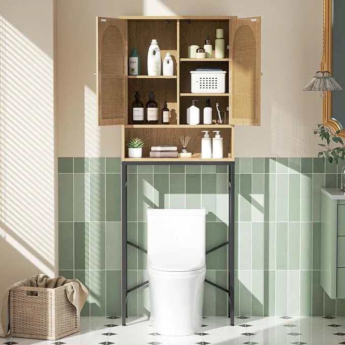 Rattan Toilet Storage Cabinet, Over the Rack Wood Cabinet with Metal Stand, Bathroom Organizer with Adjustable Shelf, Tall Freestanding Washer Shelf, Small Cupboard, Space Saver, Natural style - ModernBath