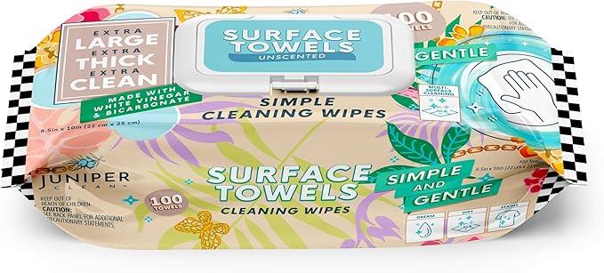 Juniper CLEAN Single Surface Cleaning Wipes Bleach Free, Thick & Large Dispose, All-Purpose Cleaner for Bathroom, Kitchen, Office, 100 Count Soft Flow, Biodegradable, No Scent - ModernBath
