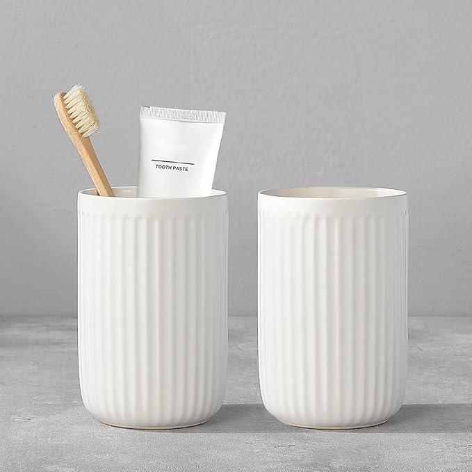 White Toothbrush Holders for Bathrooms - 2 Cups Ceramic Toothbrush Toothpaste Holders Set, White Bathroom Tumbler Cups Reusable Toothbrush Mouthwash Cup, Bathroom Counter Organizer. - ModernBath